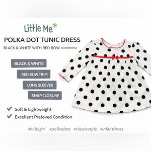Little Me Polka Dot Tunic Dress 6M | Black & White w/ Red Bow